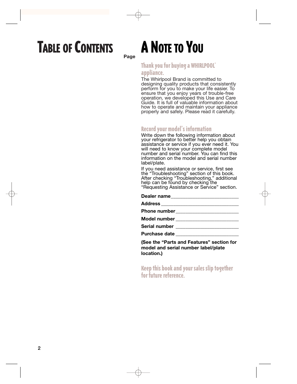 A note to you, Ote to, Able of | Ontents | Whirlpool 2201959 User Manual | Page 2 / 24