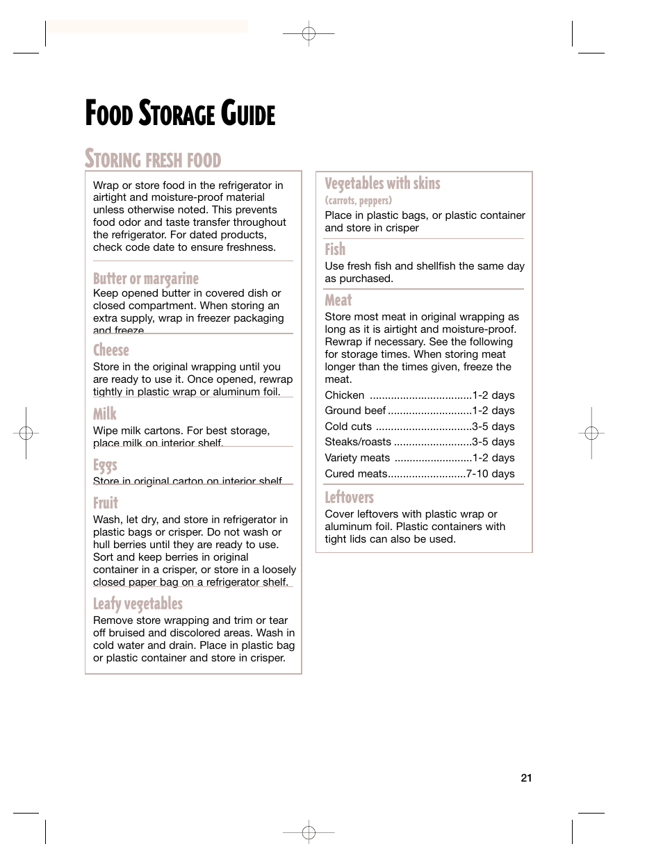 Food storage guide, Torage, Uide s | Toring fresh food | Whirlpool 2201959 User Manual | Page 21 / 24