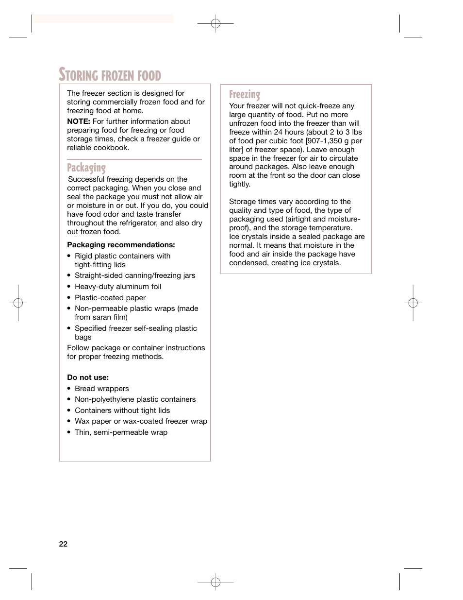 Toring frozen food, Packaging, Freezing | Whirlpool 2201959 User Manual | Page 22 / 24