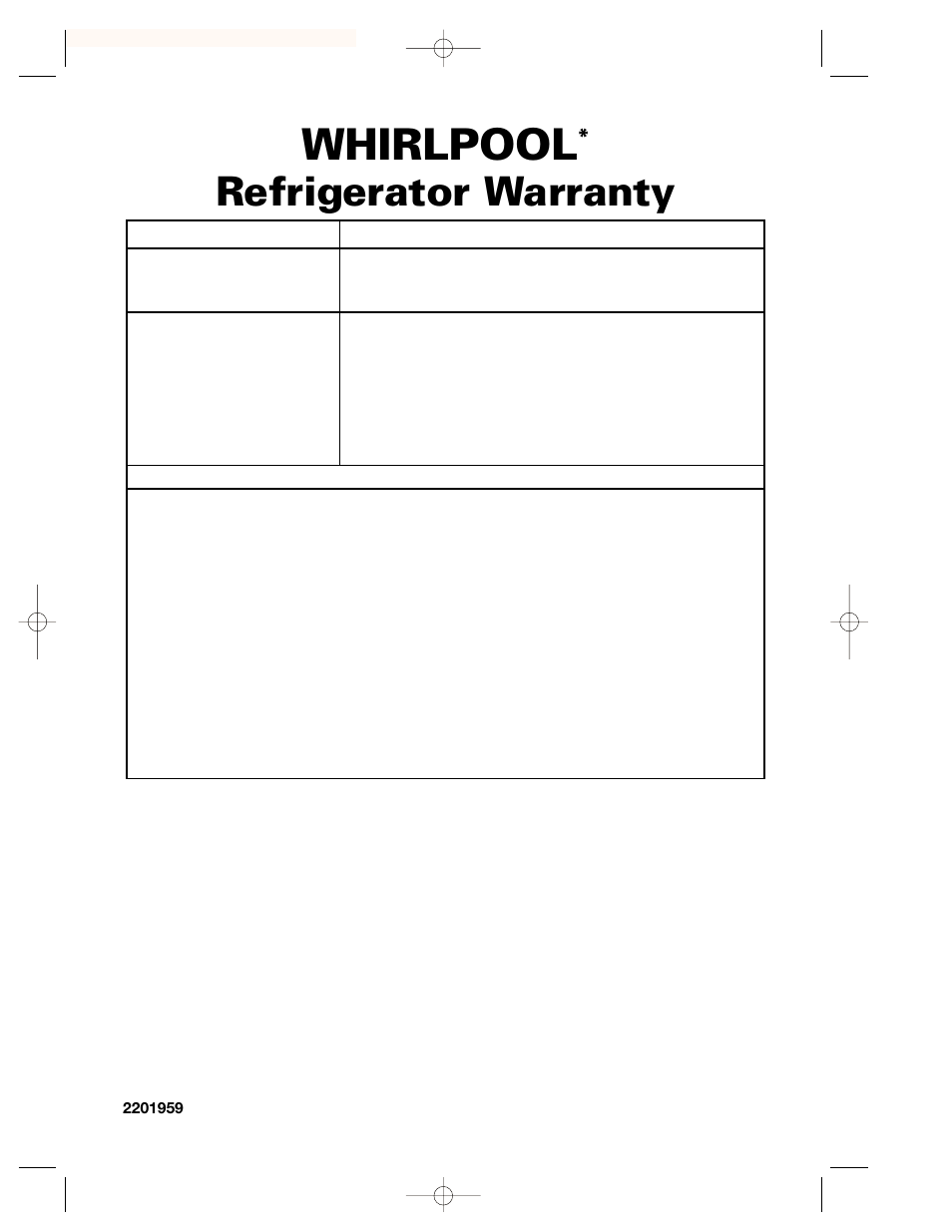 Warranty, Whirlpool, Refrigerator warranty | Whirlpool 2201959 User Manual | Page 24 / 24