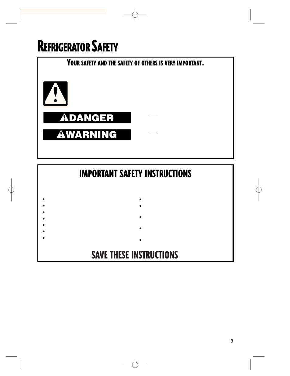 Safety, Efrigerator, Afety | Important safety instructions, Save these instructions, Wdanger w warning | Whirlpool 2201959 User Manual | Page 3 / 24