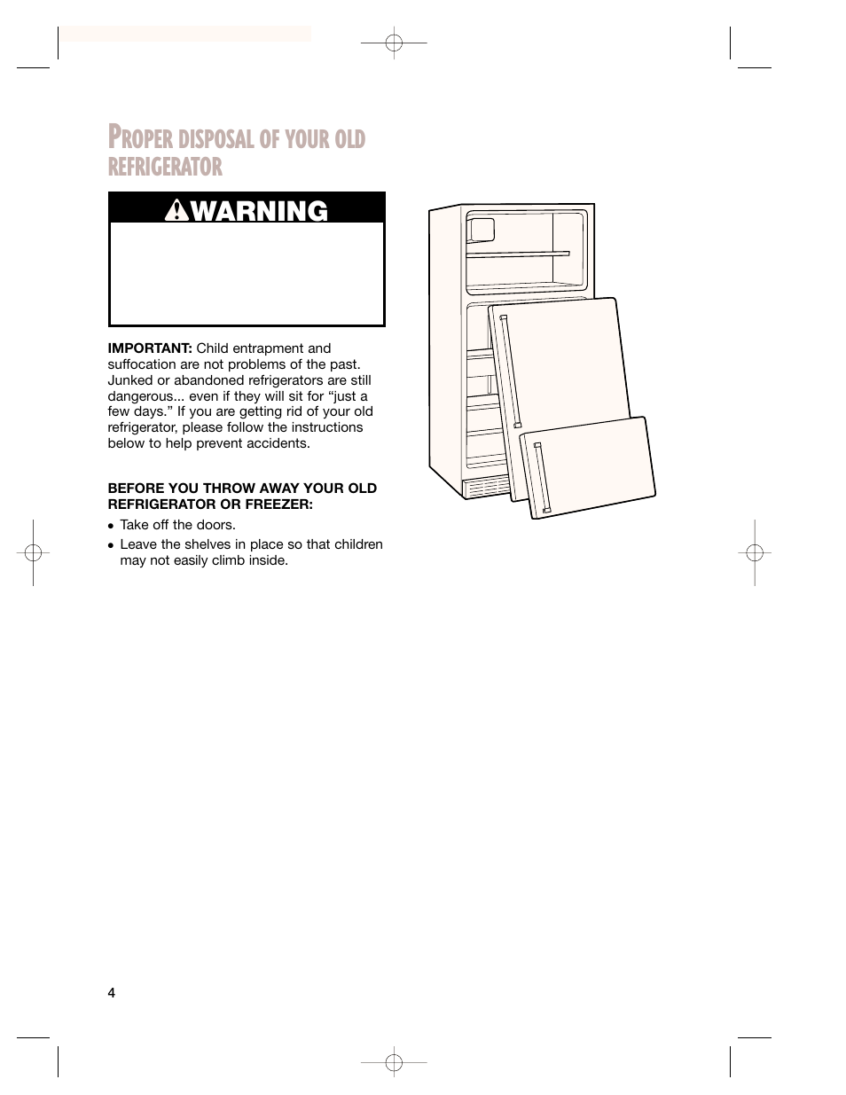 Roper disposal of your old refrigerator, Wwarning | Whirlpool 2201959 User Manual | Page 4 / 24
