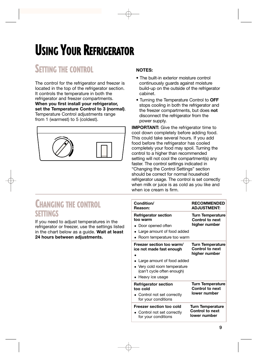 Using your refrigerator, Setting the control, Changing the control settings | Sing, Efrigerator s, Etting the control, Hanging the control settings | Whirlpool 2201959 User Manual | Page 9 / 24