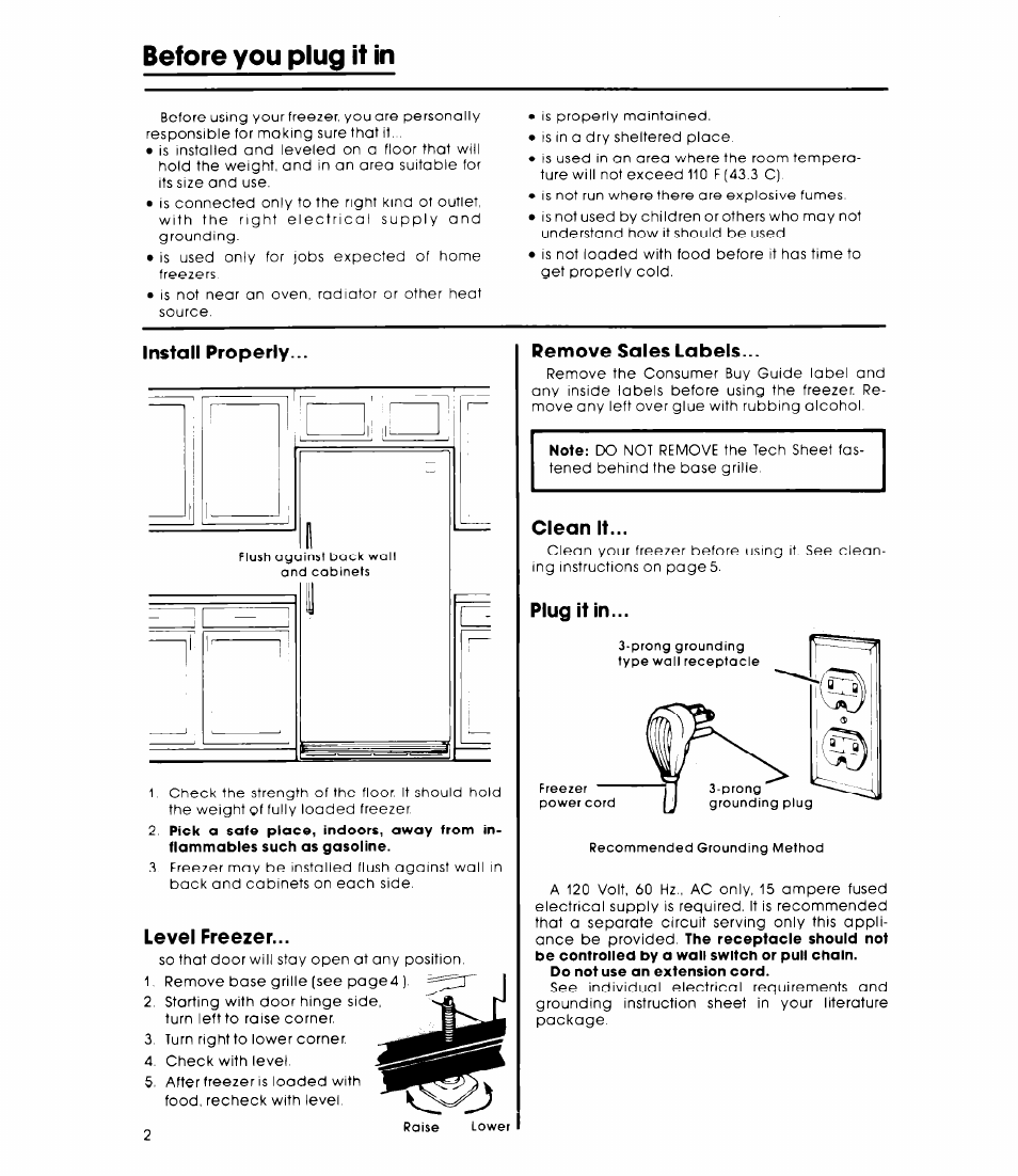 Before you plug it in, Install properly, Level freezer | Remove sales labels, Clean it, Plug it in | Whirlpool EV200D User Manual | Page 2 / 8