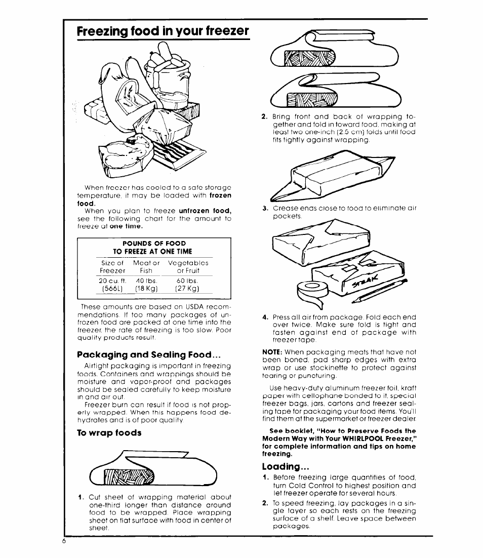Packaging and sealing food, To wrap foods, Loading | Freezing food in your freezer | Whirlpool EV200D User Manual | Page 6 / 8