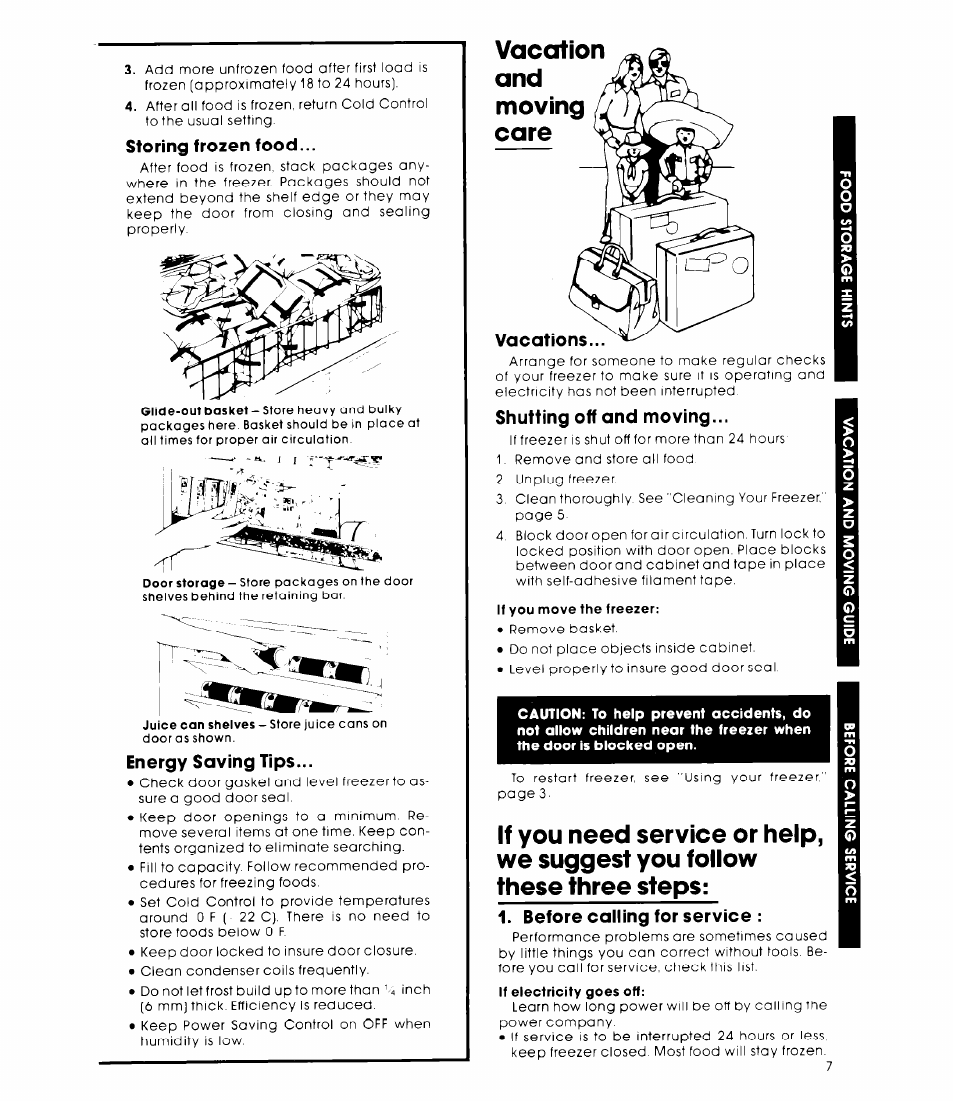 Storing frozen food, Energy saving tips, Shuffing off and moving | If you move the freezer, Before calling for service | Whirlpool EV200D User Manual | Page 7 / 8