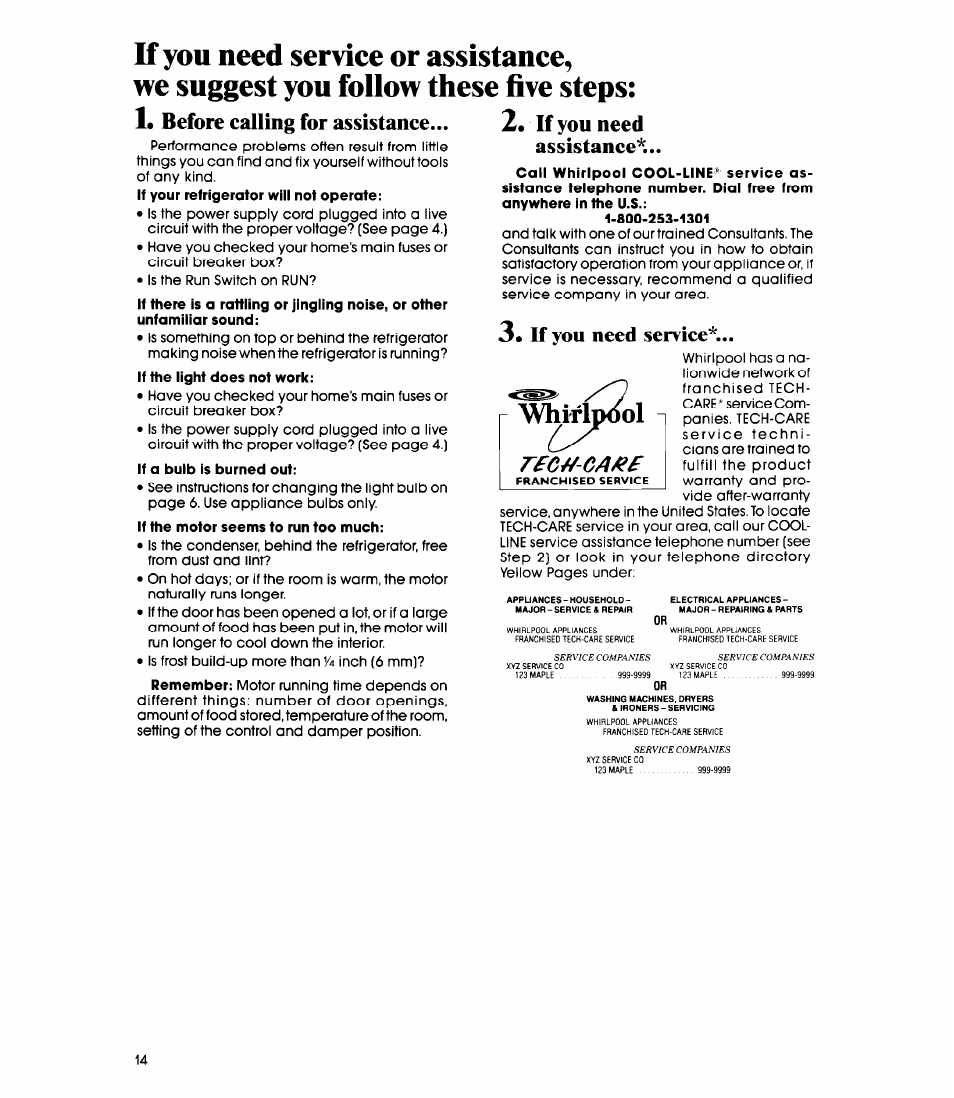 If you need assistance, 3a m you need service, Whifip^l | La before calling for assistance, M you need service | Whirlpool EL13SC User Manual | Page 14 / 16