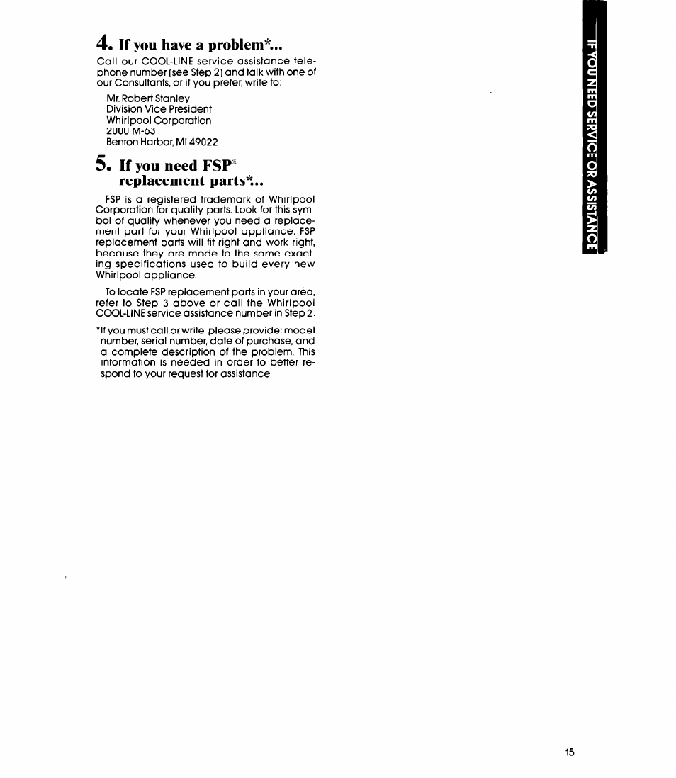 K you have a problem, If you need fsp® replacement parts | Whirlpool EL13SC User Manual | Page 15 / 16