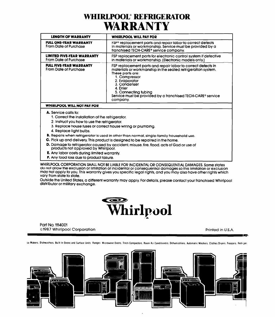 Warranty, Whirlpool, Whirlpool* refrigerator | Whirlpool EL13SC User Manual | Page 16 / 16
