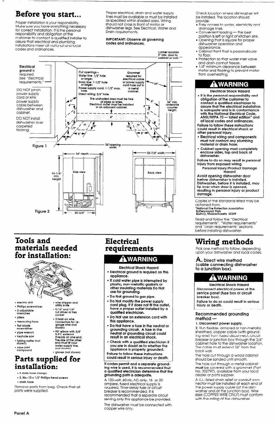 Before yott start, Tools and materials needed for installation, Parts supplied for installation | Electrical requirements, Mitring methods, Warning, Eiectrical ground, Figure 2, Disconnect power supply. 2, Must | Whirlpool 408 User Manual | Page 2 / 7