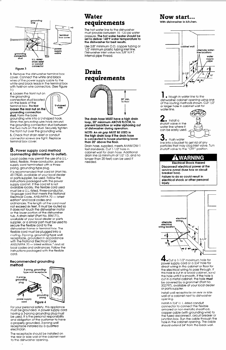 Water requirements, Drain requirements now start, Warning | Figure 3, With dishwasher in kitchen, Must | Whirlpool 408 User Manual | Page 3 / 7