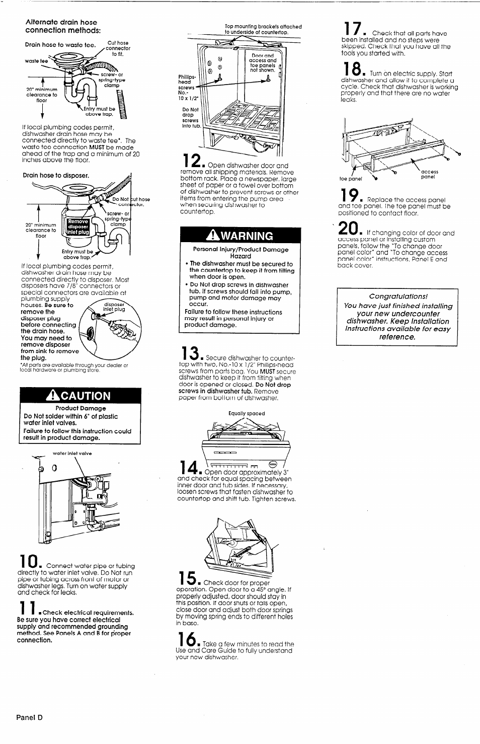 Caution, Drain hose to waste tee, Must | Drain hose to disposer, Do not drop screws in dishwasher tub | Whirlpool 408 User Manual | Page 5 / 7