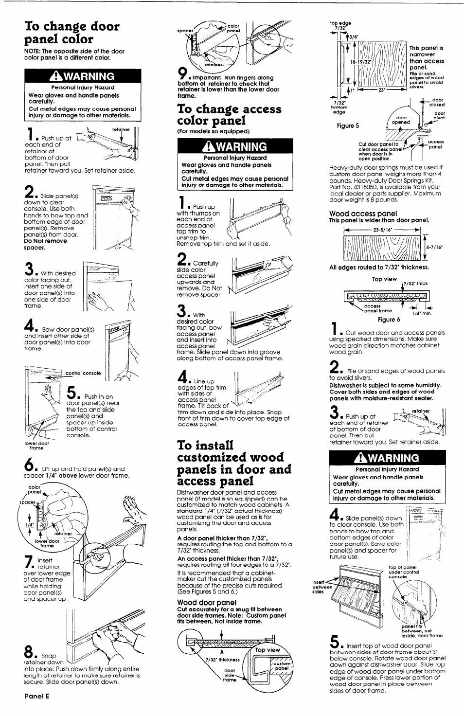 Warning, Do not remove spacer, 1/4" above | For models so equipped), A door panel thicker than 7/32, An access panel thicker than 7/32, Figure 5, Figure 6 | Whirlpool 408 User Manual | Page 6 / 7