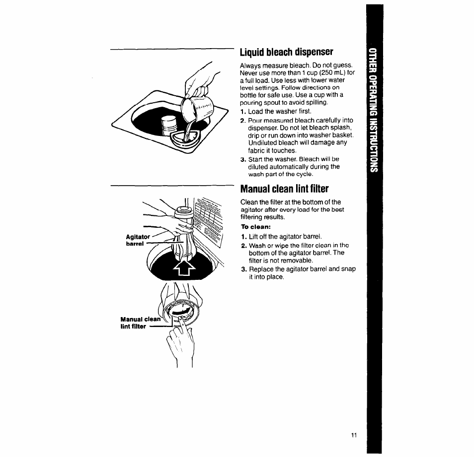 Liquid bleach dispenser, Manual clean lint filter | Whirlpool 6LA63OOXT User Manual | Page 11 / 16