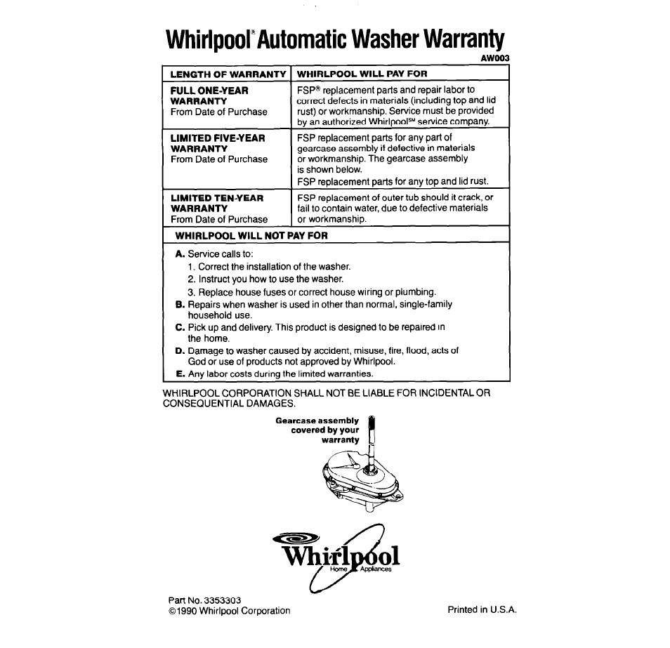 Whirlpool* automatic washer warranty, Whirl | Whirlpool 6LA63OOXT User Manual | Page 16 / 16