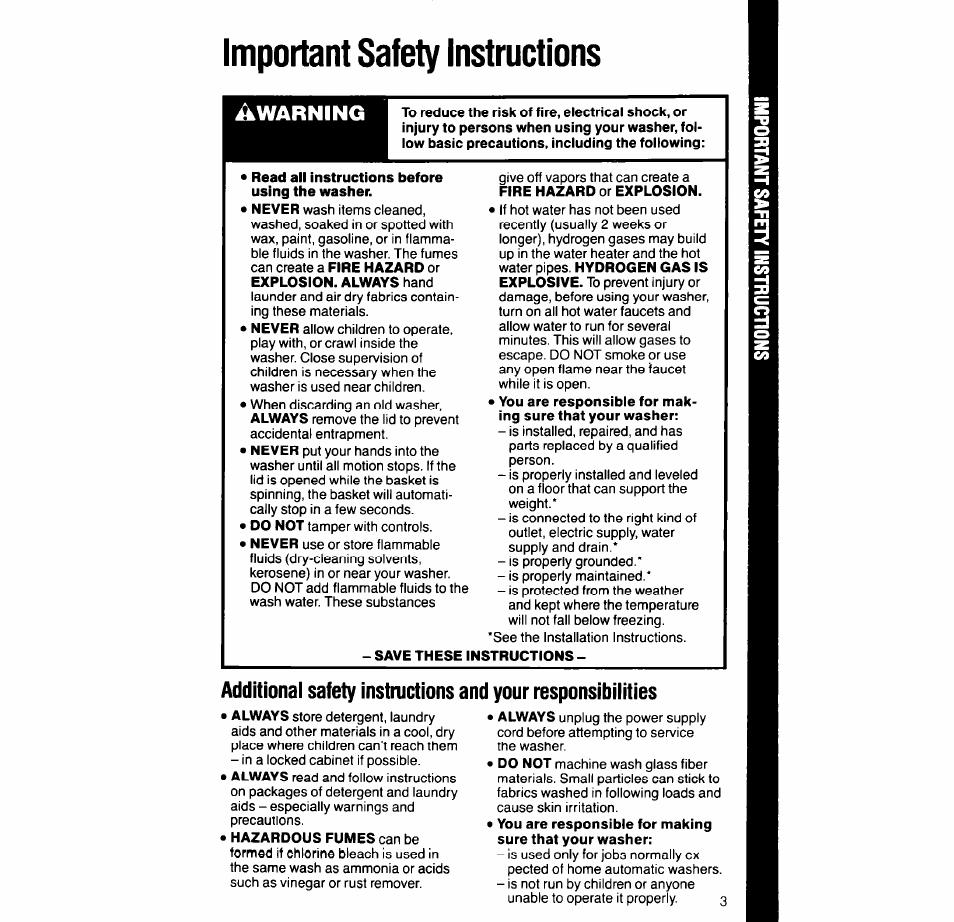 Important safety instructions, Read all instructions before using the washer, Save these instructions | Warning | Whirlpool 6LA63OOXT User Manual | Page 3 / 16