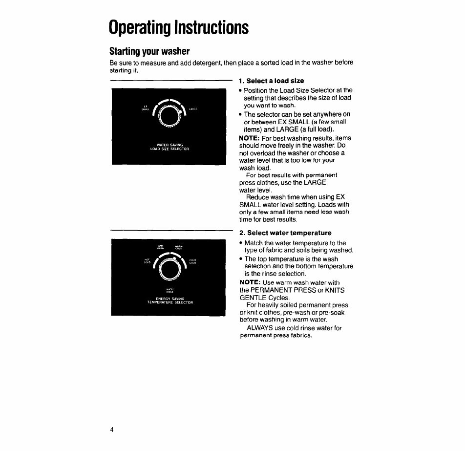 Operating instructions, Starting your washer | Whirlpool 6LA63OOXT User Manual | Page 4 / 16