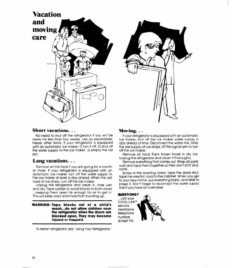 Vacation and, Moving care, Vacation and moving care | Short vacations, Long vacations, Moving | Whirlpool EB19ZK User Manual | Page 14 / 16