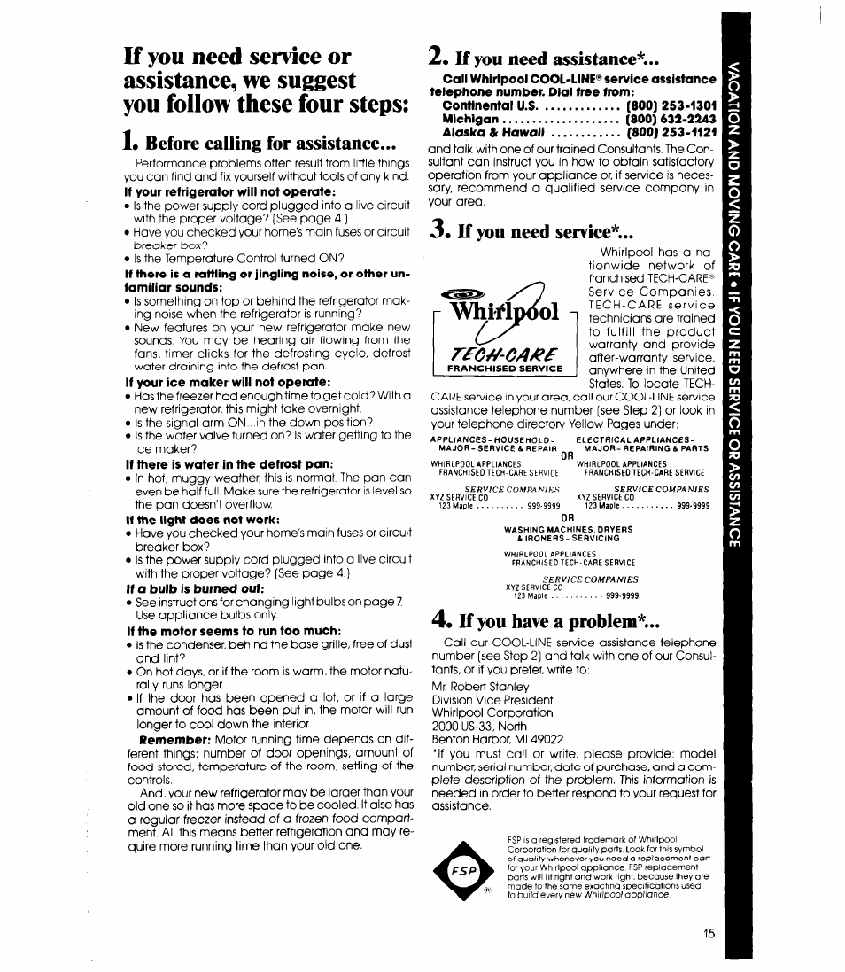 Before calling for assistance, Avhifldool, If you need assistance | If you need service, If you have a problem | Whirlpool EB19ZK User Manual | Page 15 / 16