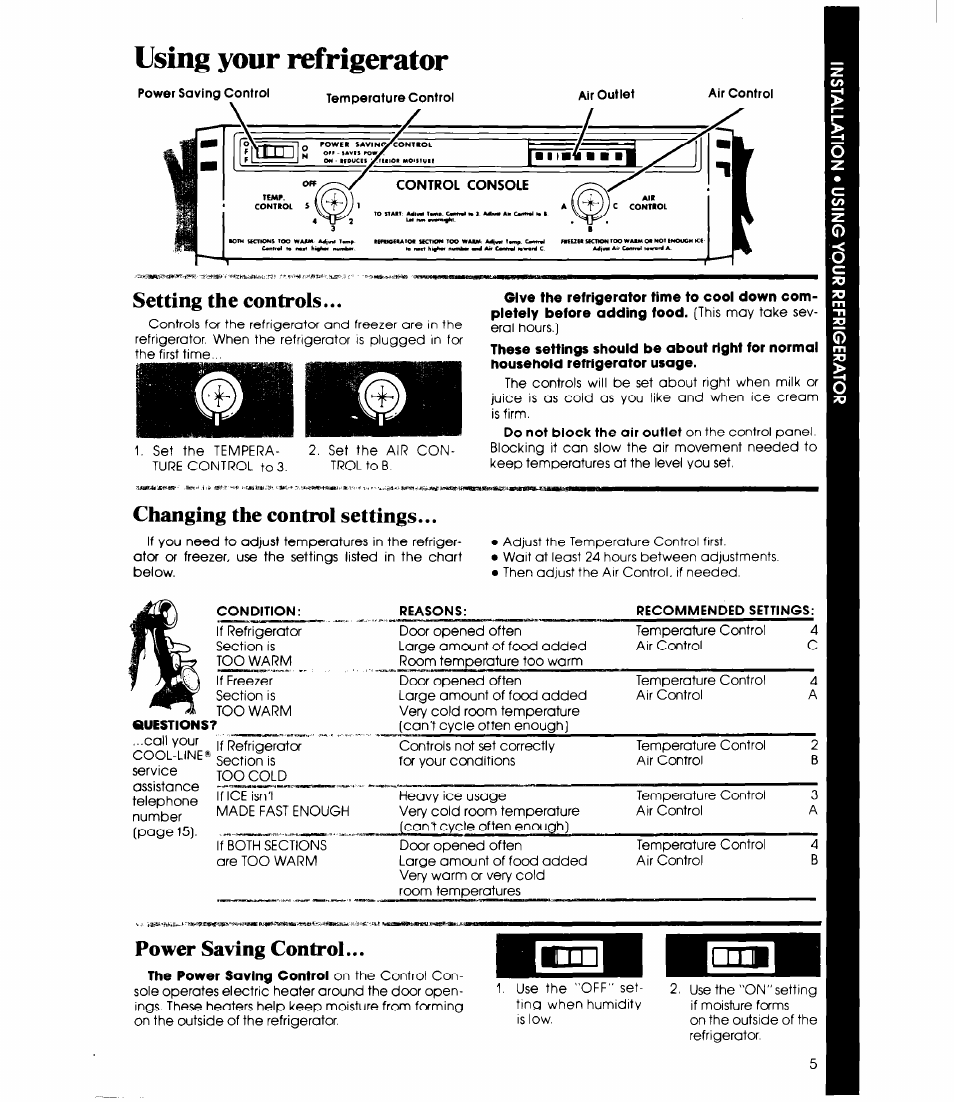 Using your refrigerator, Setting the controls, Changing the control settings | Power saving control | Whirlpool EB19ZK User Manual | Page 5 / 16