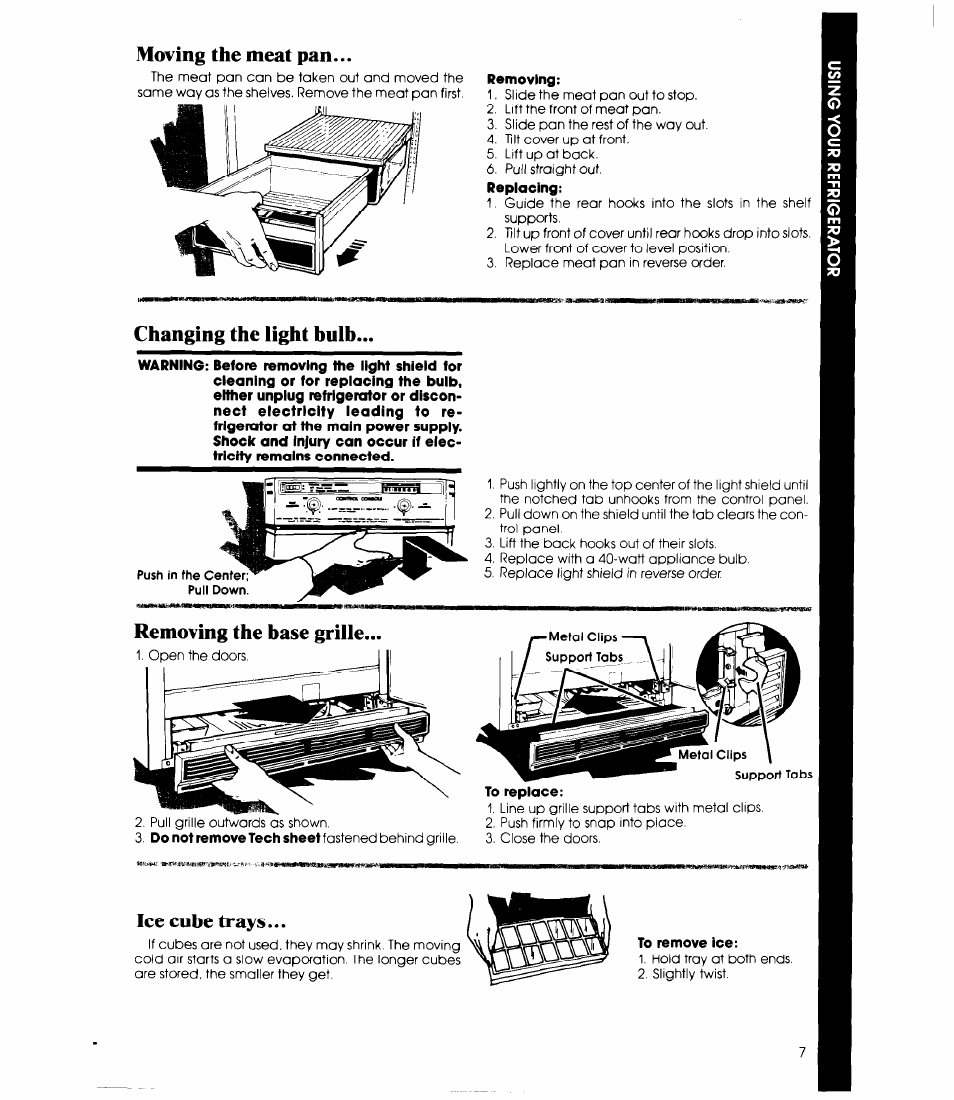 Moving the meat pan, Changing the light hulh, Ice cube trays | Whirlpool EB19ZK User Manual | Page 7 / 16