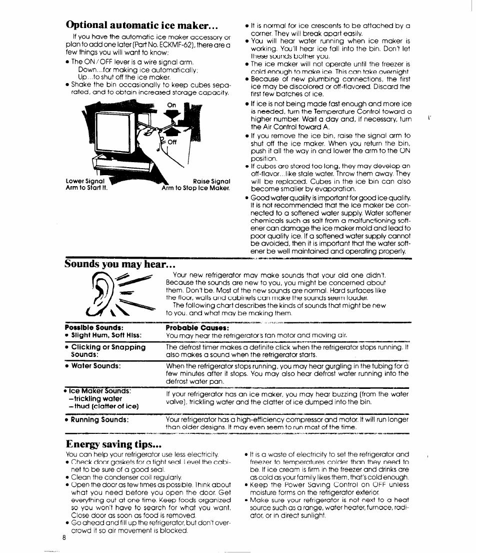 Optional automatic ice maker, Sounds you may hear, Energy saving tips | Whirlpool EB19ZK User Manual | Page 8 / 16