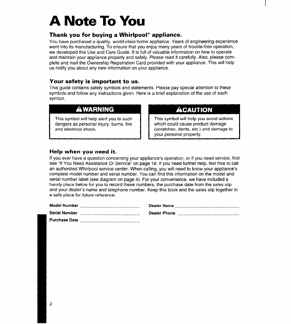 A note to you, Thank you for buying a whirlpool* appliance, Your safety is important to us | Help when you need it | Whirlpool 8ET18ZK User Manual | Page 3 / 20