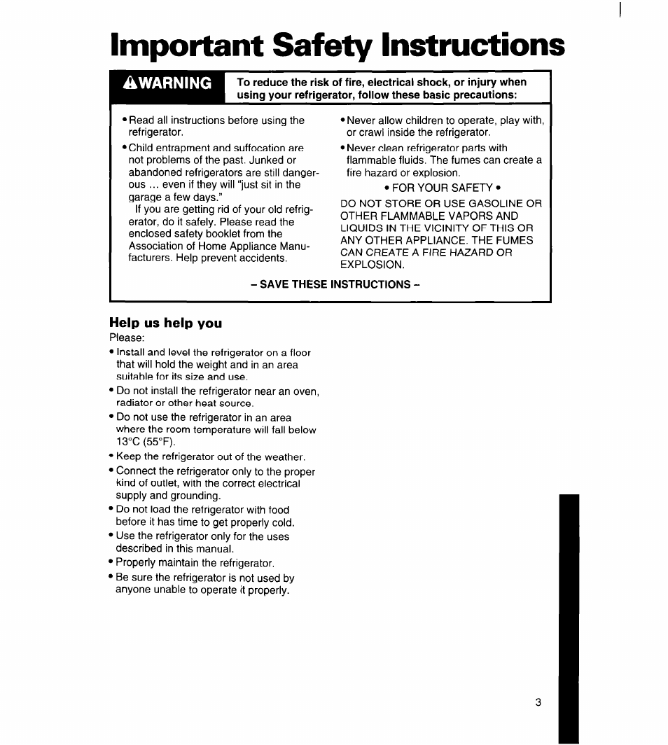 Impoitant safety instructions, Save these instructions, Help us help you | Whirlpool 8ET18ZK User Manual | Page 4 / 20