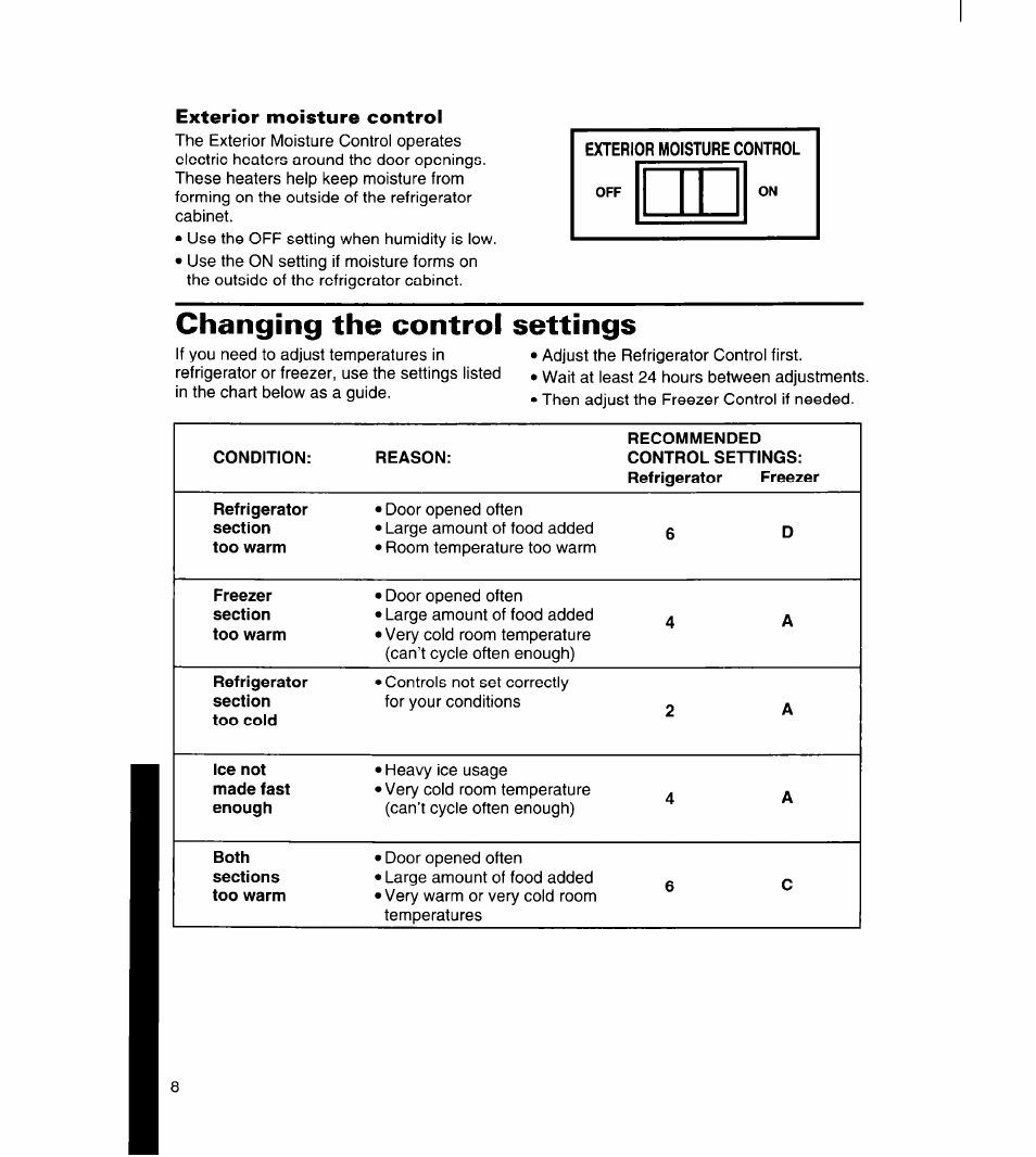 Exterior moisture control, Changing the control settings | Whirlpool 8ET18ZK User Manual | Page 9 / 20