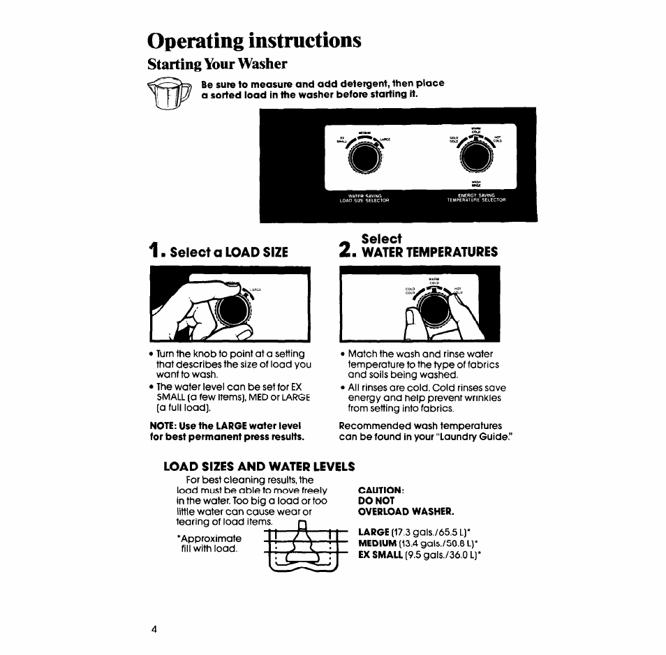 Operating instructions, Select a load size, Load sizes and water levels | Starting your washer | Whirlpool LA52OOXT User Manual | Page 4 / 16