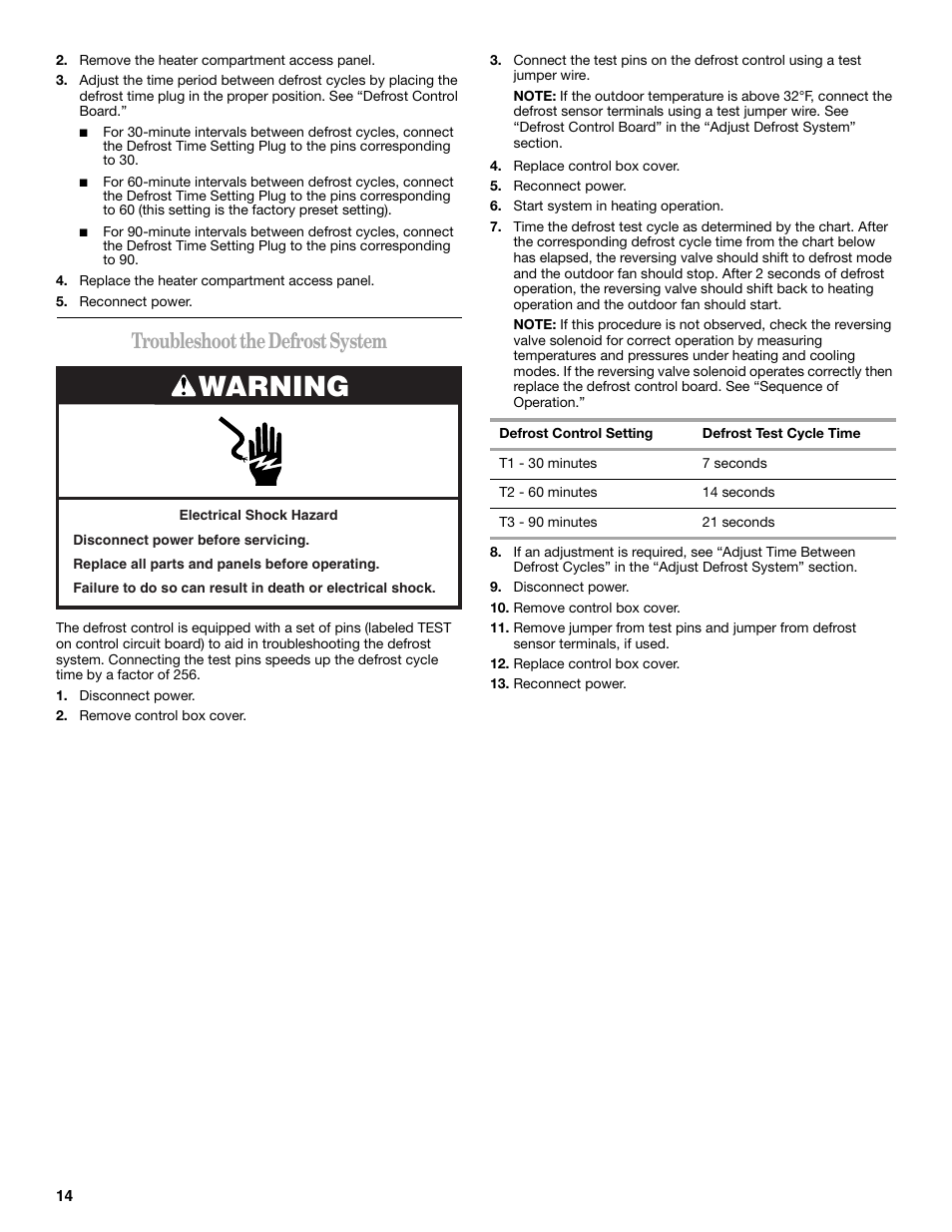 Warning, Troubleshoot the defrost system | Whirlpool GOLD W4GH6 User Manual | Page 14 / 20