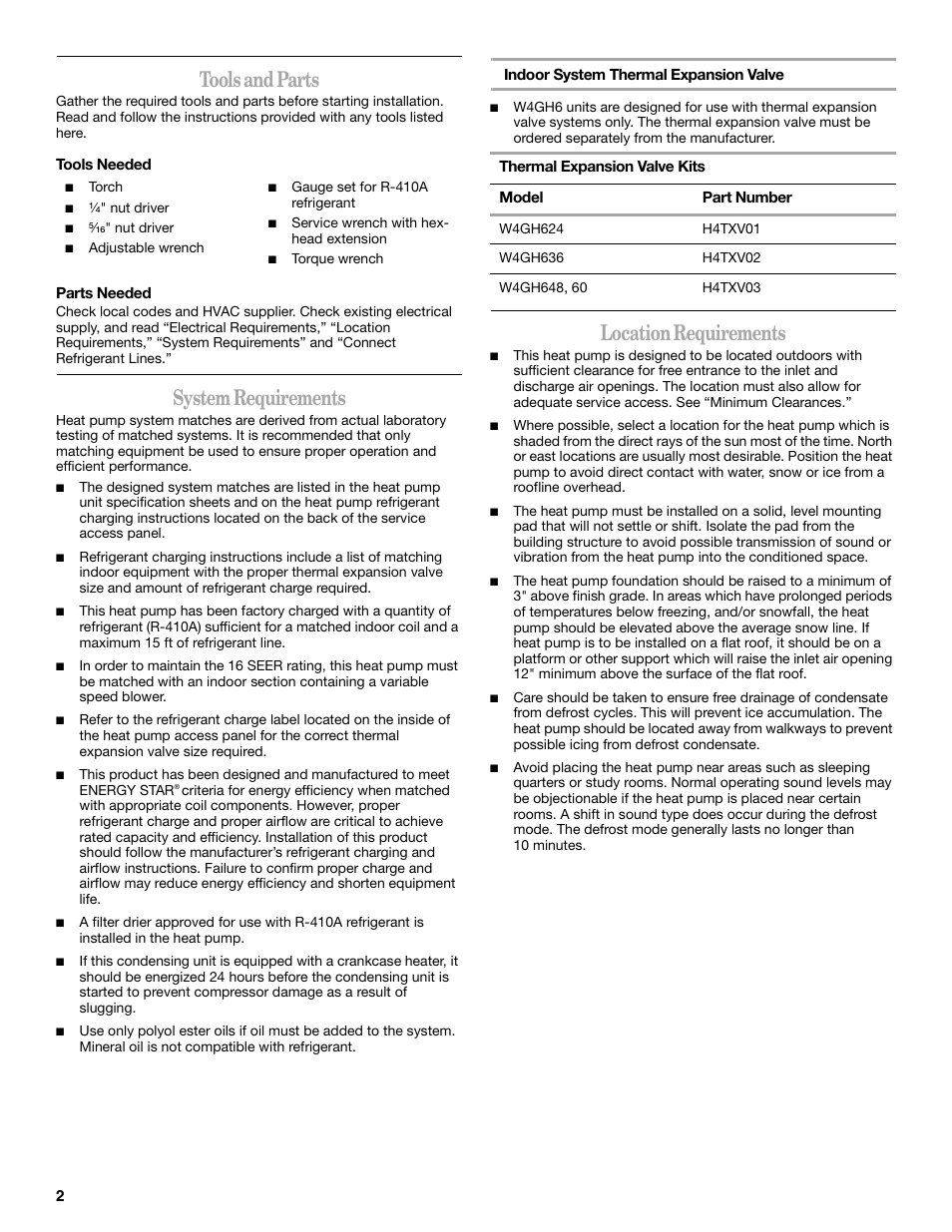 Tools and parts, System requirements, Location requirements | Whirlpool GOLD W4GH6 User Manual | Page 2 / 20