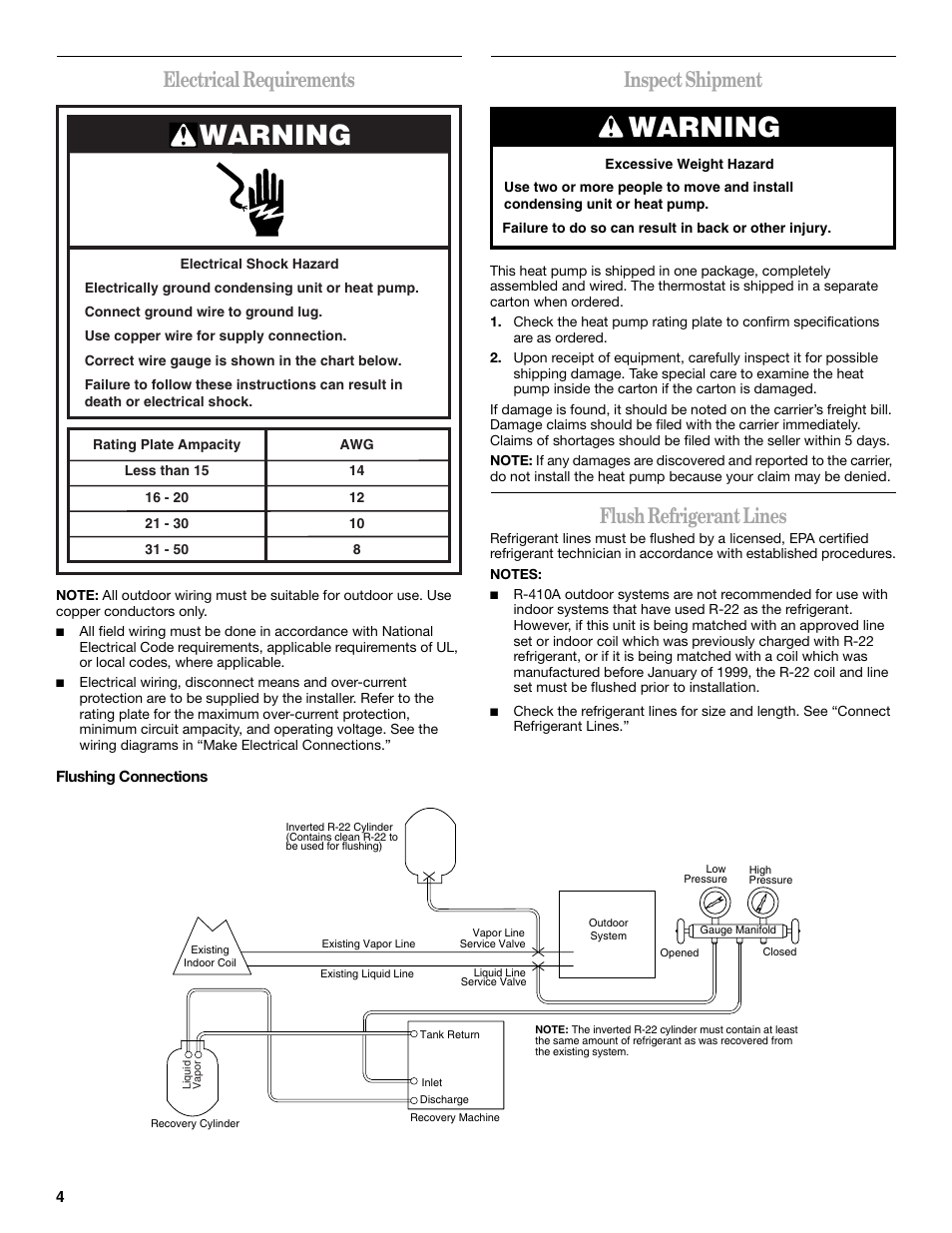 Warning, Electrical requirements, Inspect shipment | Flush refrigerant lines | Whirlpool GOLD W4GH6 User Manual | Page 4 / 20