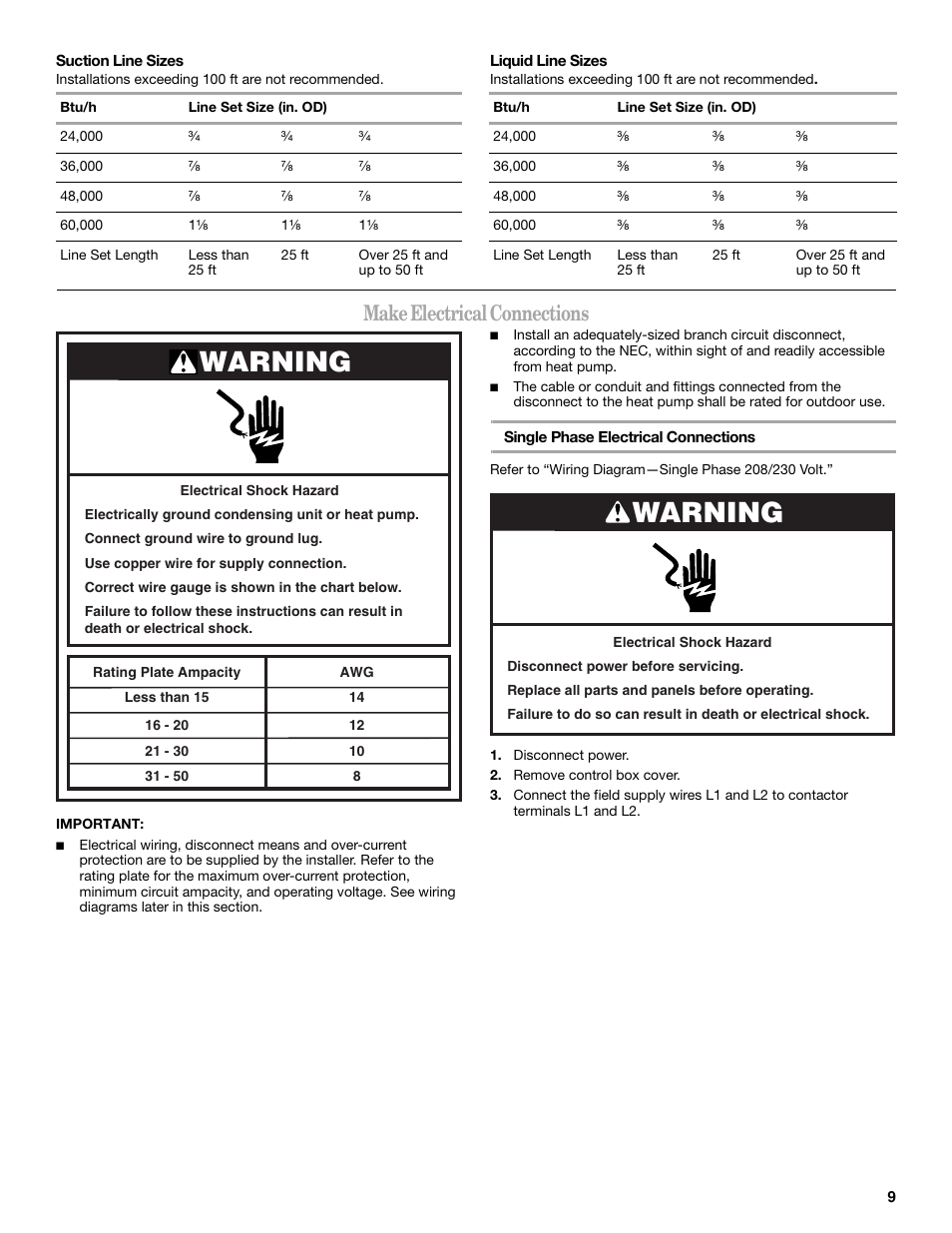 Warning, Make electrical connections | Whirlpool GOLD W4GH6 User Manual | Page 9 / 20