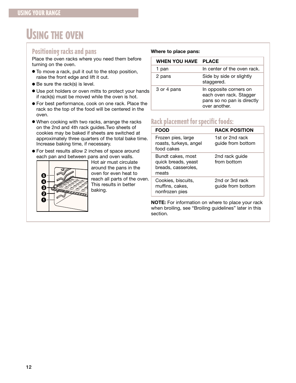 Using the oven, Sing the oven, Positioning racks and pans | Rack placement for specific foods, Using your range | Whirlpool CES365H User Manual | Page 12 / 40