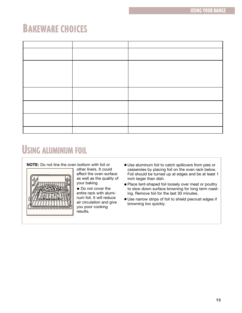 Bakeware choices, Using aluminum foil, Akeware choices | Sing aluminum foil, Using your range | Whirlpool CES365H User Manual | Page 13 / 40