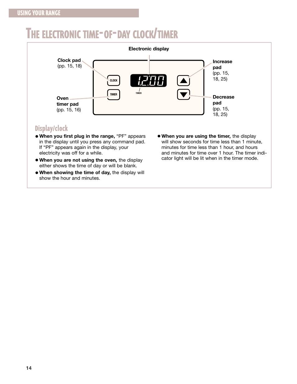 The electronic time-of-day clock/timer, He electronic time, Day clock | Timer | Whirlpool CES365H User Manual | Page 14 / 40