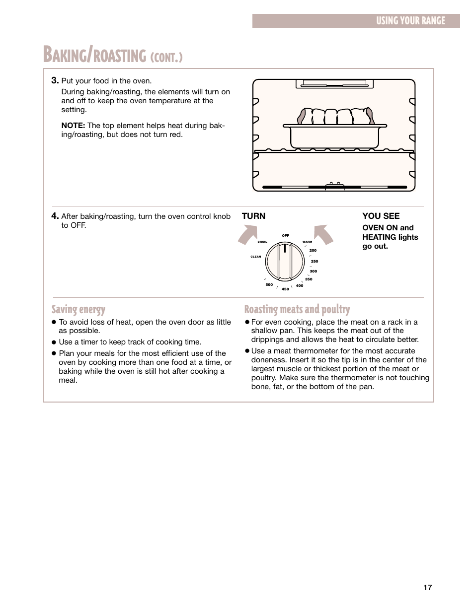 Aking, Roasting, Cont | Roasting meats and poultry, Saving energy, Using your range | Whirlpool CES365H User Manual | Page 17 / 40