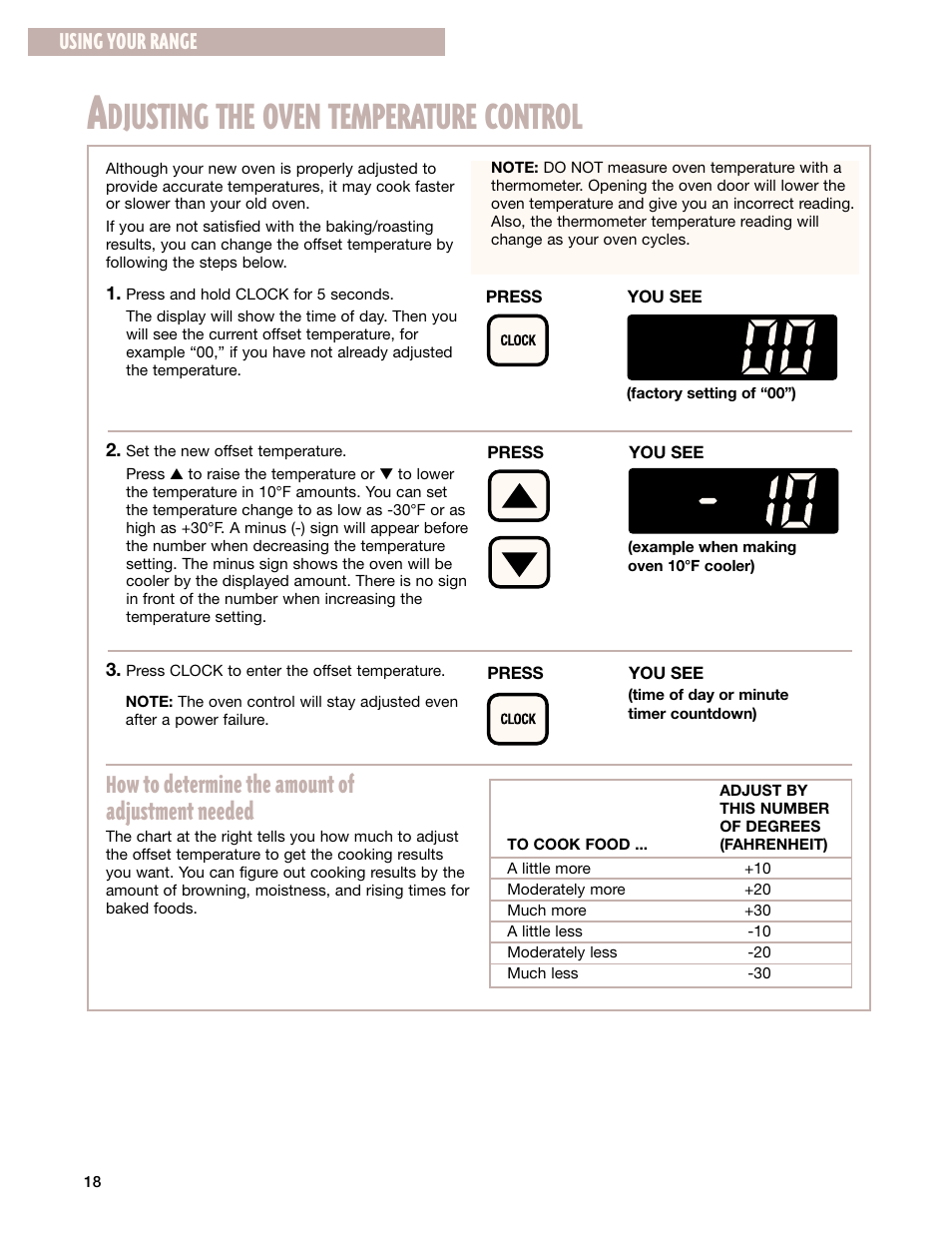 Adjusting the oven temperature control, Djusting the oven temperature control, How to determine the amount of adjustment needed | Using your range | Whirlpool CES365H User Manual | Page 18 / 40