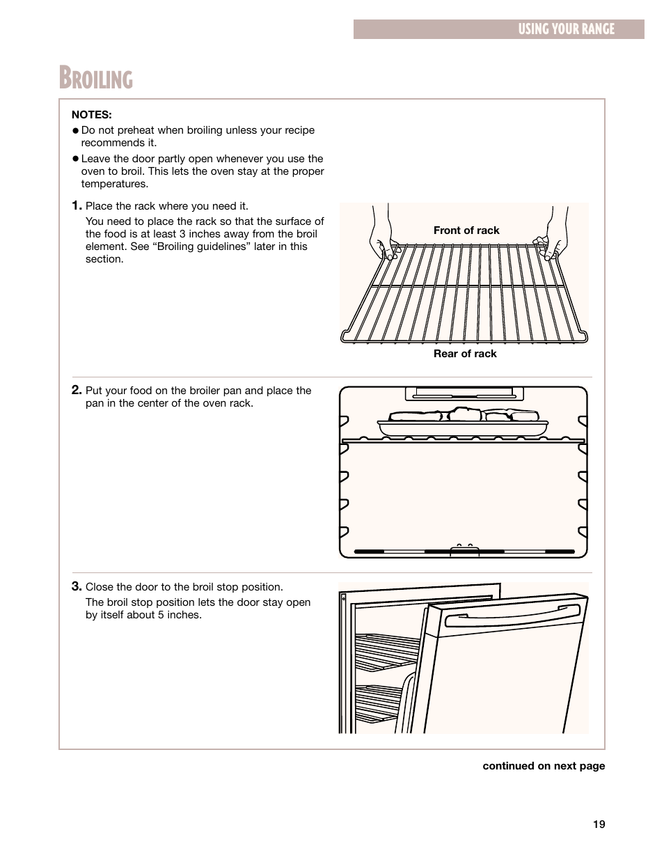 Broiling, Roiling, Using your range | Whirlpool CES365H User Manual | Page 19 / 40