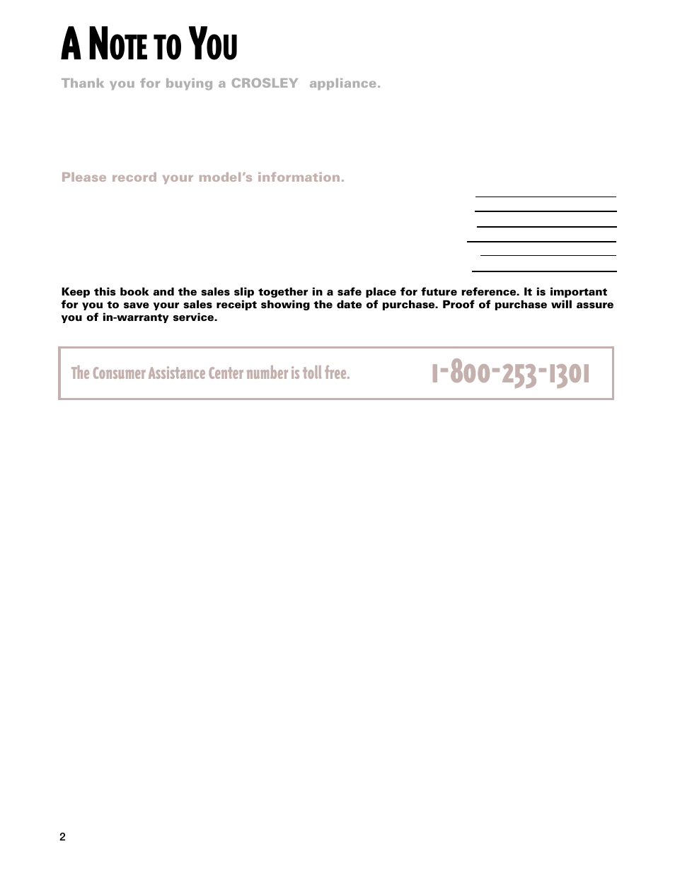 A note to you, Ote to | Whirlpool CES365H User Manual | Page 2 / 40