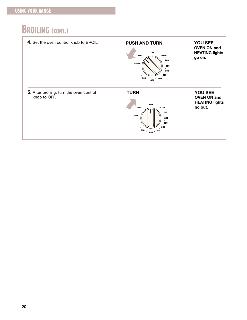 Roiling, Cont, Using your range | Whirlpool CES365H User Manual | Page 20 / 40
