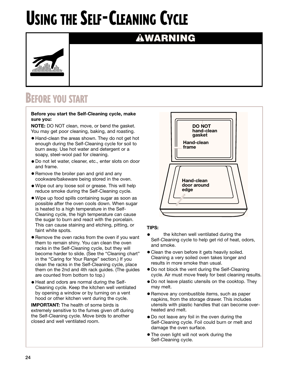 Using the self-cleaning cycle, Before you start, Sing the | Leaning, Ycle, Efore you start, Wwarning | Whirlpool CES365H User Manual | Page 24 / 40
