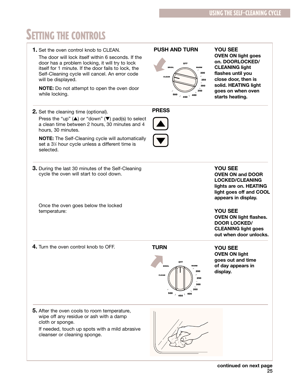 Setting the controls, Etting the controls, Using the self-cleaning cycle | Whirlpool CES365H User Manual | Page 25 / 40