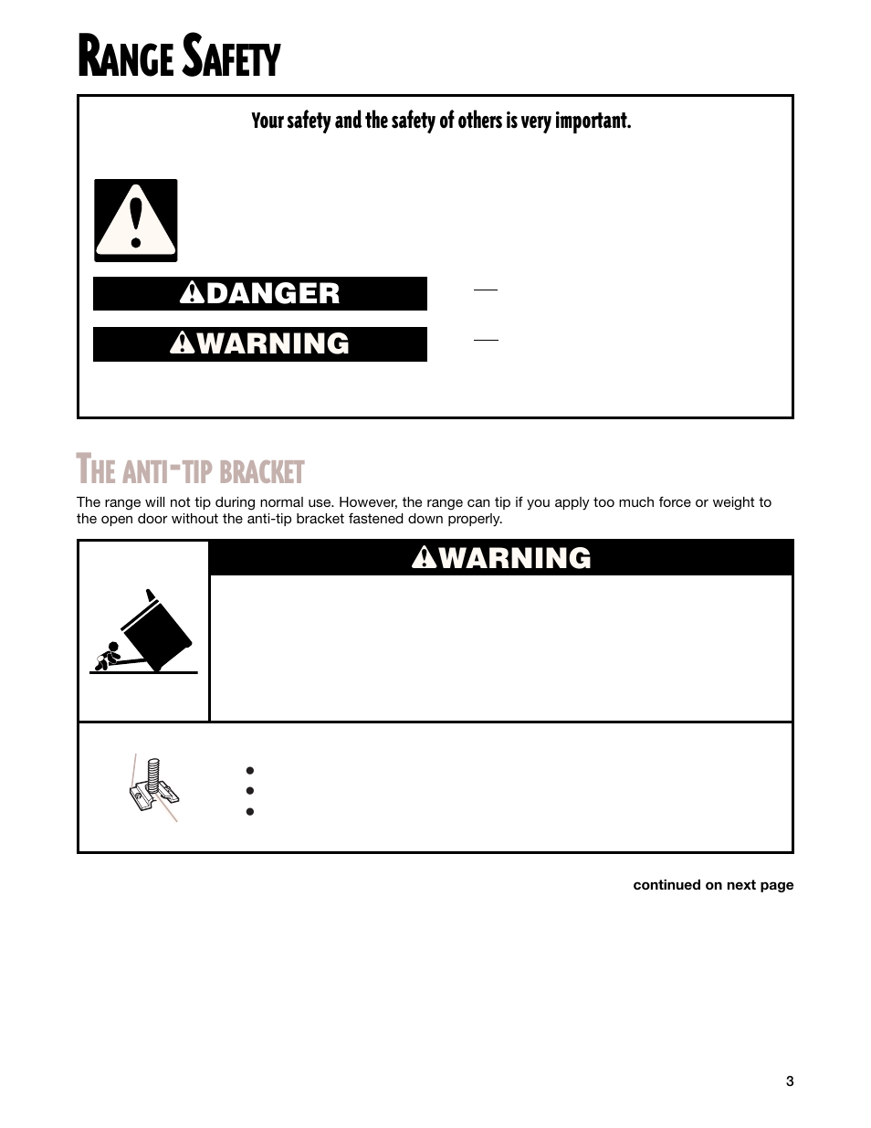 Range safety, Ange, Afety | He anti, Tip bracket, Wdanger w warning, Wwarning | Whirlpool CES365H User Manual | Page 3 / 40