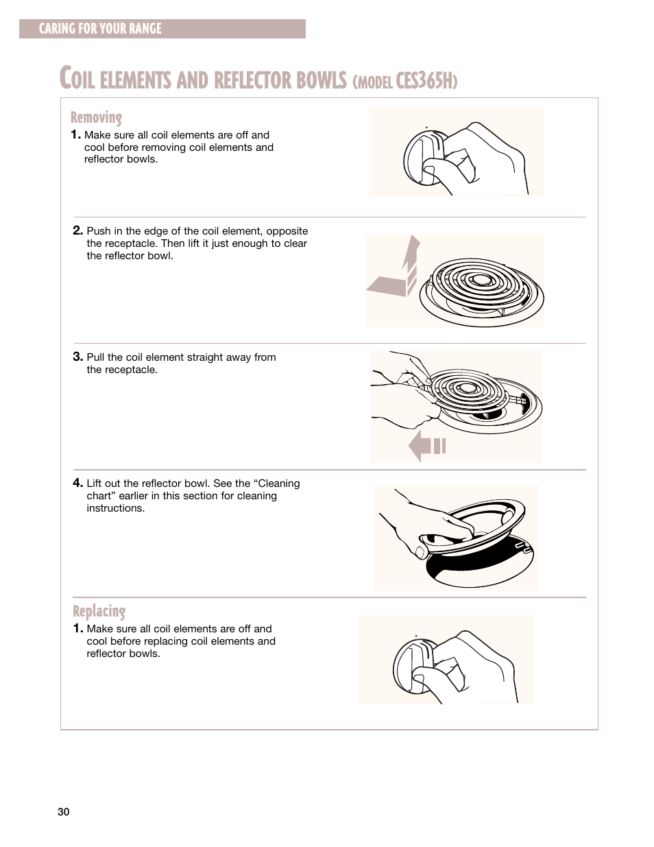 Oil elements and reflector bowls, Ces365h, Model | Replacing, Removing, Caring for your range | Whirlpool CES365H User Manual | Page 30 / 40