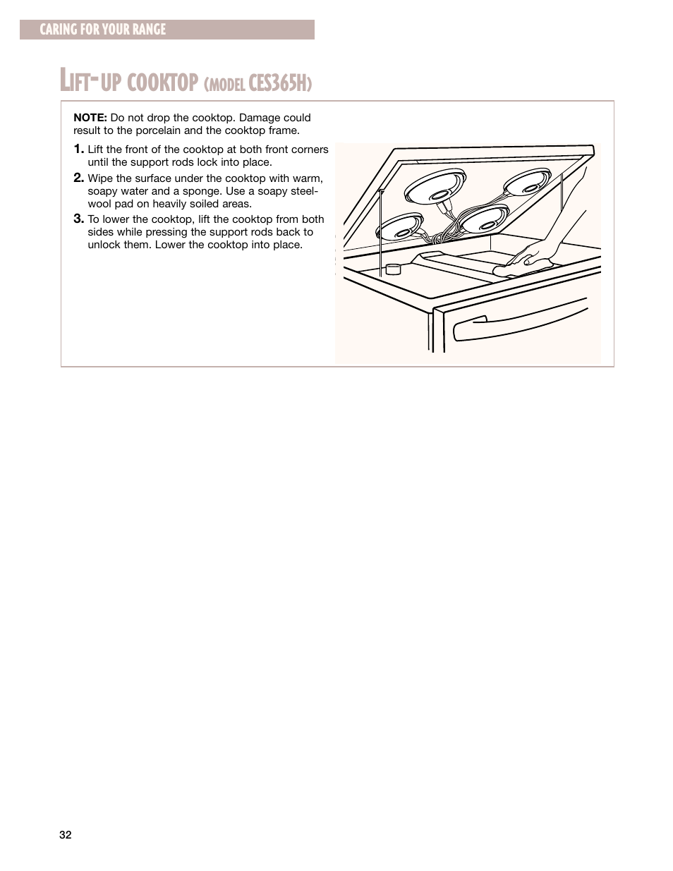Lift-up cooktop (model ces 3 6 5 h), Up cooktop, Ces365h | Whirlpool CES365H User Manual | Page 32 / 40