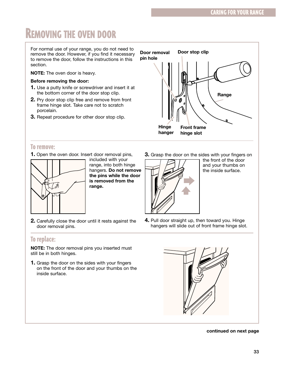 Removing the oven door, Emoving the oven door, Caring for your range | Whirlpool CES365H User Manual | Page 33 / 40