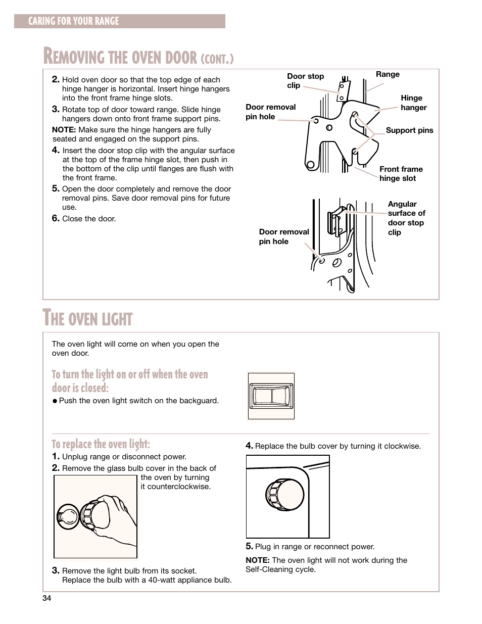 The oven light, Emoving the oven door, He oven light | Cont, Caring for your range | Whirlpool CES365H User Manual | Page 34 / 40