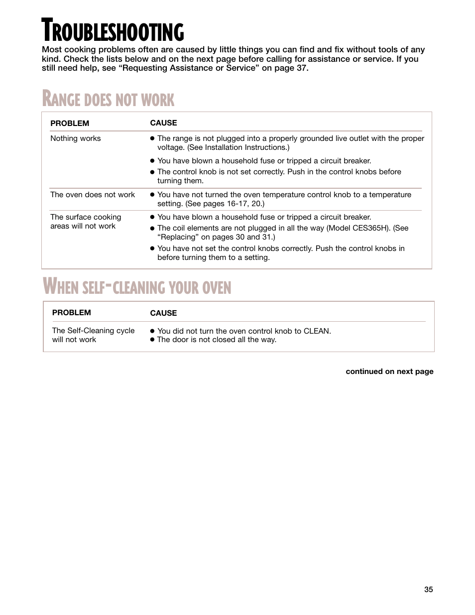 Troubleshooting most, Roubleshooting, Ange does not work | Hen self, Cleaning your oven | Whirlpool CES365H User Manual | Page 35 / 40